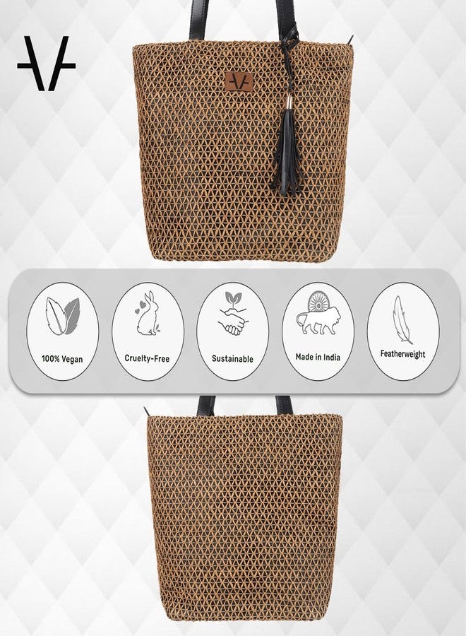 Avake Cocoa Cross Tote Bag with Raffia and Vegan Leather Accents | Fits 14-Inch Laptop | Stylish & Durable | Lightweight Shoulder Bag for Work, Travel & Daily Use | Made in India - Image 4